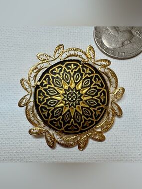 Vintage Damascene Gold and Black  Filigree Brooch